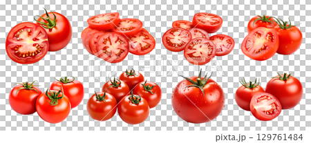 Red tomato tomatoes, many angles and view side top front sliced halved bunch cut isolated on transparent background cutout, PNG file. Mockup template for artwork graphic design 129761484