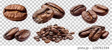 Roasted coffee beans, group stack heap front view on transparent background cutout, PNG file. Many assorted different design angles. Mockup template for artwork 129761594