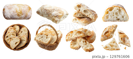 Ciabatta baguette Italian white bread bun loaf slice on transparent cutout, PNG file. Many assorted different angles, stack, basket, pile, slice, torn. Mockup template for artwork design 129761606
