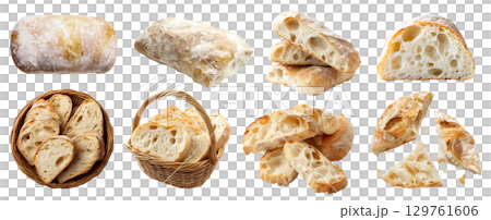Ciabatta baguette Italian white bread bun loaf slice on transparent cutout, PNG file. Many assorted different angles, stack, basket, pile, slice, torn. Mockup template for artwork design 129761606