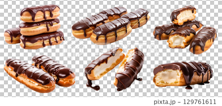 Chocolate Eclairs, Choux cream pastry puff on transparent cutout, PNG file. Many assorted different angles, stack, broken, slice, pile. Mockup template for artwork Chocolate Eclairs, Choux cream pastry puff on transparent cutout, PNG file. Many assorted different angles, stack, broken, slice, pile. Mockup template for artwork 129761611