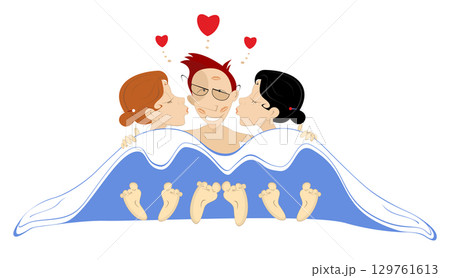 All you need is love. Love rendezvous in the bed.  Two women kiss confused and happy man. Three happy people make love under a blanket. Heart symbols 129761613