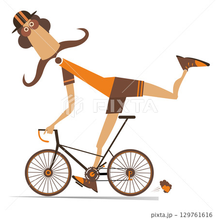 Cartoon man rides a bicycle. Cyclist. Funny long mustache man in the helmet rides a bike. Isolated on white background 129761616