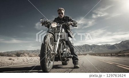 Lonely biker on a desert highway, riding towards freedom and adventure 129761624