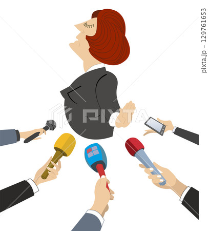 Politician does not want to give the interview to mass media. Hands of reporters with microphones and a functionary who is refusing to answer the questions Politician does not want to give the interview to mass media. Hands of reporters with microphones and a functionary who is refusing to answer the questions 129761653