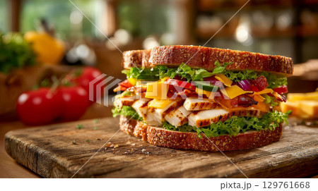 Delicious club sandwich with fried chicken, bacon, cheese and fresh vegetables on a rustic wooden table 129761668