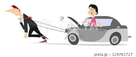Man dragging a broken car with an angry woman in. Tired man with a great effort dragging a broken car with angry woman on the rope Man dragging a broken car with an angry woman in. Tired man with a great effort dragging a broken car with angry woman on the rope 129761727