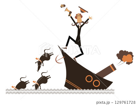 Panic. Captain on the sinking ship.  In panic captain with megaphone. Rats desert a sinking ship 129761728
