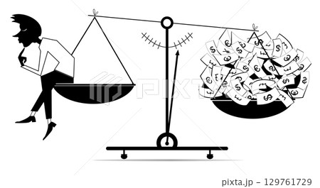 Businesswoman. Scales. Success. Money. Thinking man sitting on the scale and turns ideas into money. Black and white illustration Businesswoman. Scales. Success. Money. Thinking man sitting on the scale and turns ideas into money. Black and white illustration 129761729
