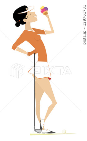 Golfer woman. A break on the golf course.  Golfer woman has a pause in the game and eats an ice cream 129761731