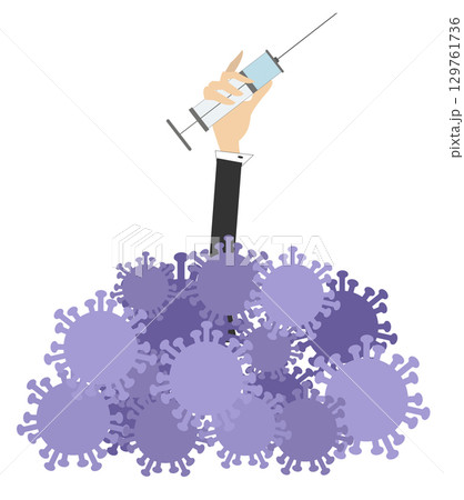 Health. Hand with a syringe. Protection from infection. Hand with a big syringe arising from a pile of viruses 129761736