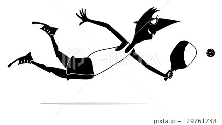 Happy young man playing pickleball. Pickleball court. Man with pickleball racket makes a good shot in the fall. Black and white illustration Happy young man playing pickleball. Pickleball court. Man with pickleball racket makes a good shot in the fall. Black and white illustration 129761738