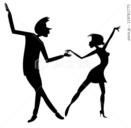 Romantic dancing young couple. Happy dancing young man and woman. Black on white background Romantic dancing young couple. Happy dancing young man and woman. Black on white background 129761775
