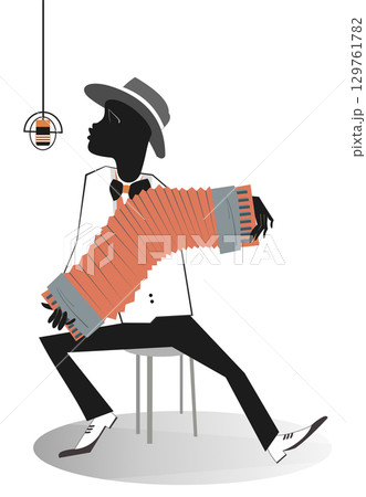 African man playing accordion and singing. African musician playing accordion and singing to microphone. Isolated on white background	 129761782