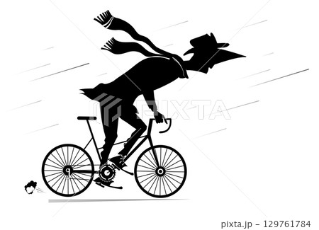 Rainy and windy day and man rides a bike. Art silhouette. Cycling man under the strong wind and rain. Black on white background Rainy and windy day and man rides a bike. Art silhouette. Cycling man under the strong wind and rain. Black on white background 129761784