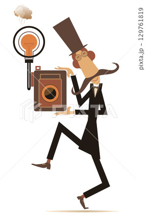 Funny photographer. Retro camera. Cute long mustache man with a retro camera making a shot	 129761819