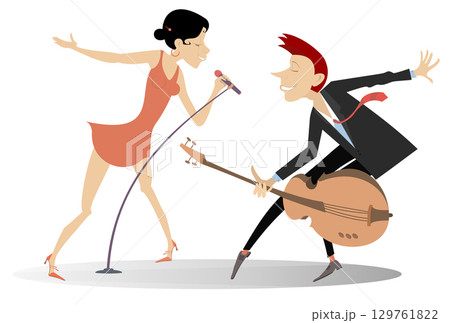 Duet of guitarist man and singer woman. Couple musicians. Man plays guitar and singer woman sings to microphone. Isolated on white background 129761822