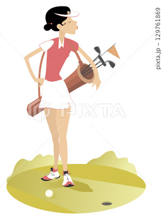 Golfer woman on the golf course. Golf course. Young golfer woman holding a golf bag on the shoulder	 129761869