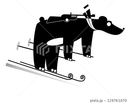 Biathlon competitor bear. Skiing a biathlon competitor bear. Black and white illustration 129761870