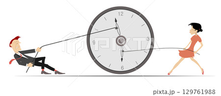 Business team. Time concept. Deadline. Businessman and businesswoman using a rope to stop arrow on the clock. Pushing back hour concept. Teamwork Business team. Time concept. Deadline. Businessman and businesswoman using a rope to stop arrow on the clock. Pushing back hour concept. Teamwork 129761988