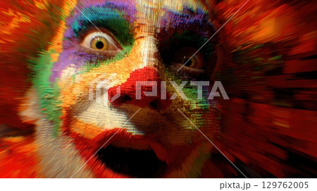 Vividly Colored Clown Face with an Intense Expressive Close-Up 129762005