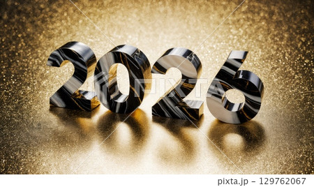 Decorative Black and White 2026 Numbers Illuminated Against a Gold Glitter Background 129762067