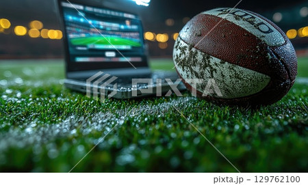 Football and Laptop on the Field at Night Showcasing a Sports Betting or Analysis Setting During a Game Event 129762100