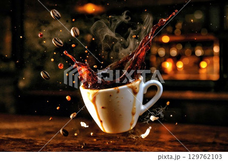 Coffee Splashes Dramatically From a White Cup Against a Blurred Café Background With Warm Lights 129762103