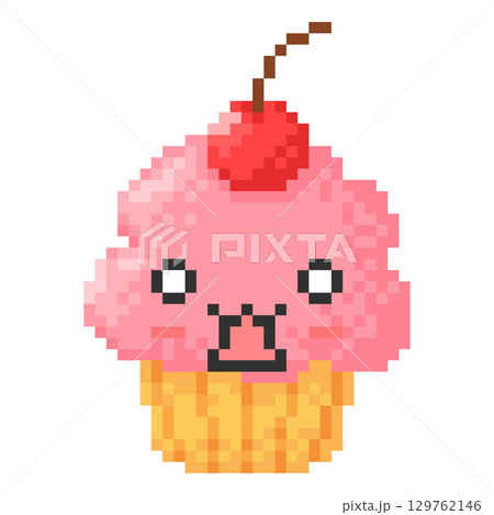 Scared cupcake with cherry berry face kawaii emoji emoticon pixel art, vector dessert with shocked eyes and jaw dropping Scared cupcake with cherry berry face kawaii emoji emoticon pixel art, vector dessert with shocked eyes and jaw dropping 129762146