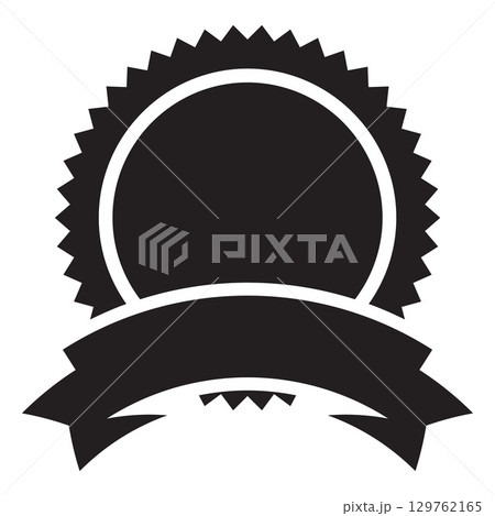 Premium quality round badge with ribbon bent, vector high qualification seal emblem, black medal stamp, achievement mark 129762165