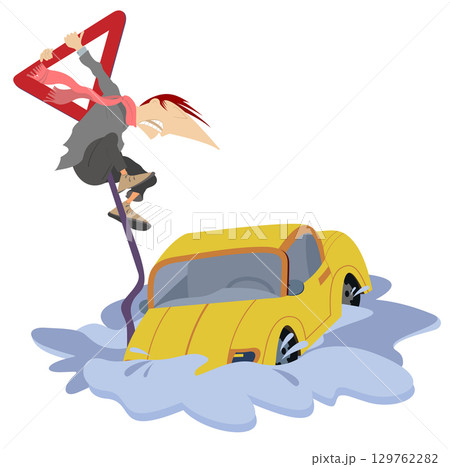 Man catches the road sign escapes from the flood. Flood, man and sinking car. Man tries to escape from the flood catching the road sign Man catches the road sign escapes from the flood. Flood, man and sinking car. Man tries to escape from the flood catching the road sign 129762282