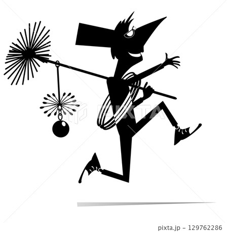 Cartoon running chimney sweeper. Funny running chimney sweeper in the top hat with a rope, chimney brush and ladder. Black and white illustration Cartoon running chimney sweeper. Funny running chimney sweeper in the top hat with a rope, chimney brush and ladder. Black and white illustration 129762286