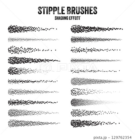 Ink scatter brush, stipple drawing and texturing. Fading gradient. Stippling, dotwork drawing, shading using dots. Halftone disintegration effect. White noise grainy texture. Vector illustration 129762354