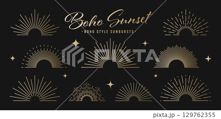 Vintage golden sunburst, sunset beams collection. Boho style, modern minimalist bohemian design. Hand drawn bursting sun, light rays. Logotype or lettering retro design element. Vector illustration Vintage golden sunburst, sunset beams collection. Boho style, modern minimalist bohemian design. Hand drawn bursting sun, light rays. Logotype or lettering retro design element. Vector illustration 129762355