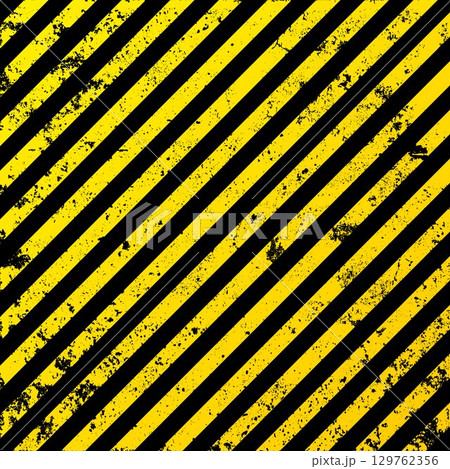 Warning sign with yellow and black diagonal lines. Attention, danger or caution symbol. Construction site signage, road safety notice, hazard banner, security alert shield. Vector illustration 129762356