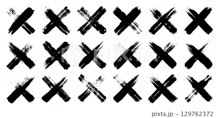 Grunge crosses, brush strokes, x mark, lines, ink smudges, hand-drawn scribble shapes. Handmade sketchy marks, acrylic stains, charcoal streaks. Paint textures, dry brush effect. Vector illustration 129762372