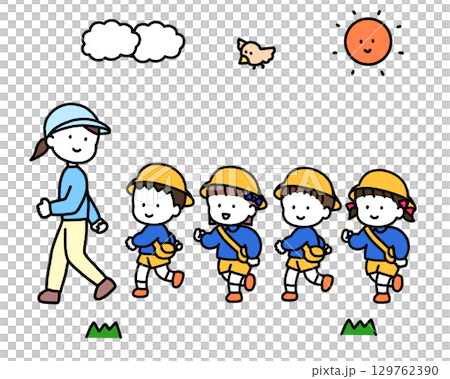 Kids walking with teacher in matching clothes 129762390