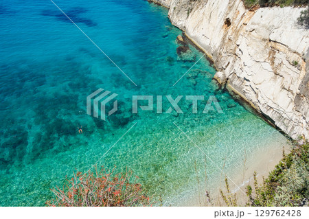crystal clear pool in the corner of Filikuri beach in Himara, Albanian Riviera. High angle crystal clear pool in the corner of Filikuri beach in Himara, Albanian Riviera. High angle 129762428