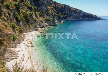 amazing secluded Filikuri Beach in Himara, Vlora district, Albania, at sunny day 129762429