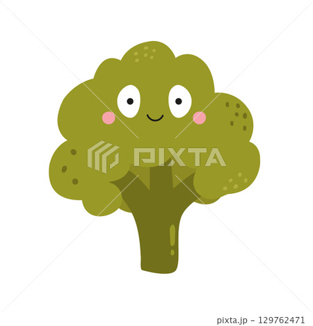 Vector Illustration of Funny Broccoli Character with Happy Face in Cute Flat Style, Playful Cartoon Vegetable 129762471