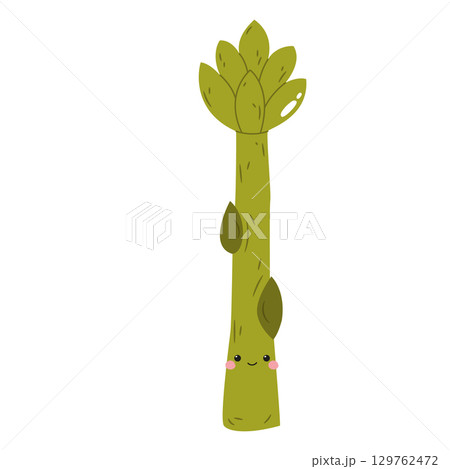 Vector Illustration of Funny Asparagus Character with Happy Face in Cute Flat Style, Playful Cartoon Vegetable 129762472