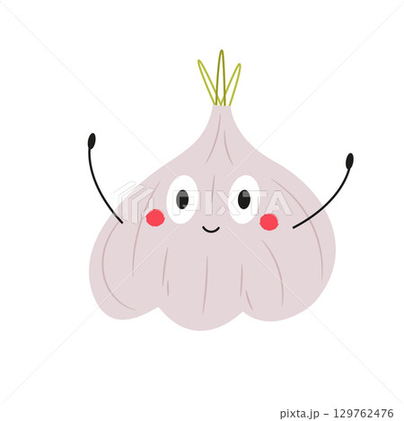 Vector Illustration of Funny Garlic Character with Happy Face in Cute Flat Style, Playful Cartoon Vegetable 129762476
