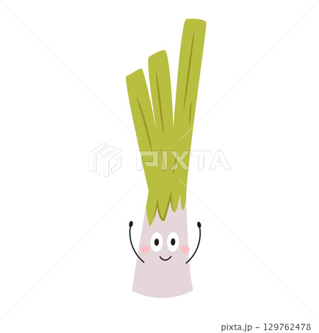 Vector Illustration of Funny Leek Character with Happy Face in Cute Flat Style, Playful Cartoon Vegetable 129762478