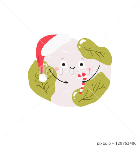 Vector Illustration of Funny Cauliflower Character with Santa Hat and Candy Cane in Cute Flat Style. Vector Illustration of Funny Cauliflower Character with Santa Hat and Candy Cane in Cute Flat Style. 129762486