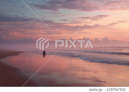 静寂の海辺を歩くひとりの影｜心を癒す夕暮れの絶景シーン 129762502