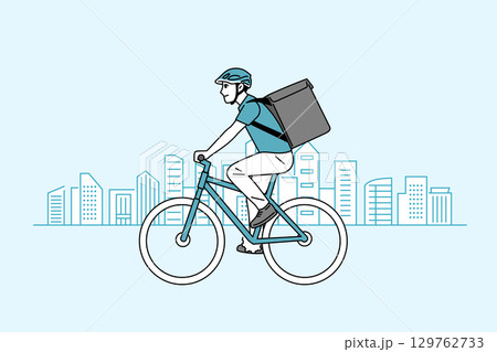 自転車で走っている男性のフード配達員のイラスト 129762733