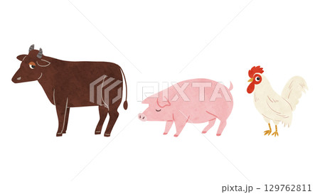 茶色い牛・豚・鶏のセット　水彩風手描きイラスト 129762811