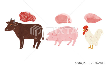 切り身肉と茶色い牛・豚・鶏のセット　水彩風手描きイラスト 129762812