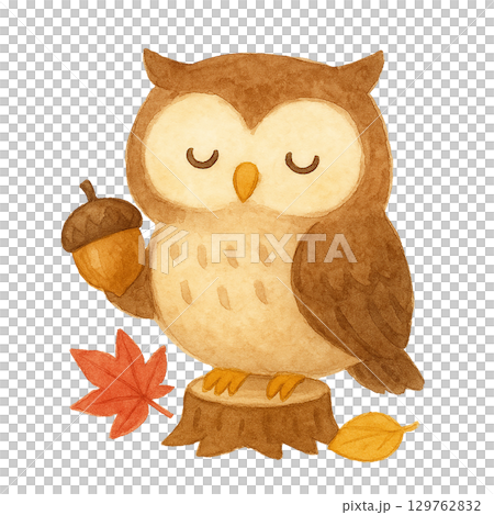 切り株に座るフクロウとどんぐり 水彩切り抜きイラスト 切り株に座るフクロウとどんぐり 水彩切り抜きイラスト 129762832