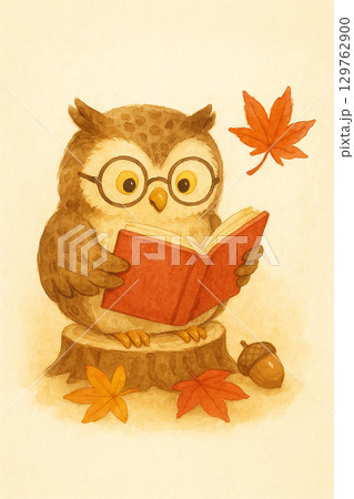 読書するフクロウと紅葉 水彩イラスト 129762900
